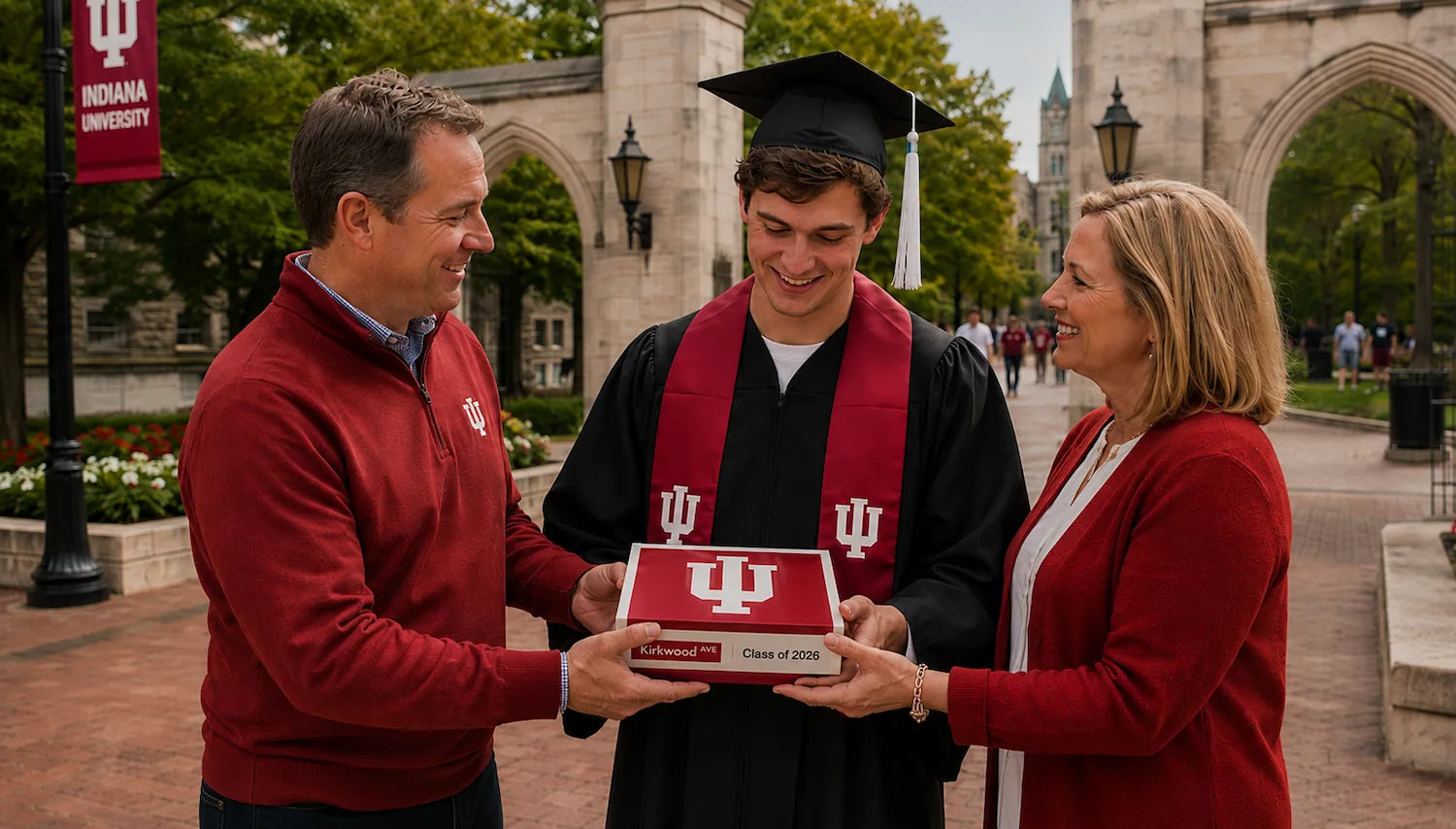 Graduate receiving a handcrafted collegiate keepsake box as a graduation gift from family on campus.