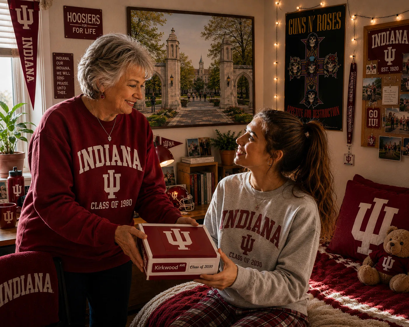 Grandmother giving a handcrafted Indiana University keepsake box to her granddaughter.
