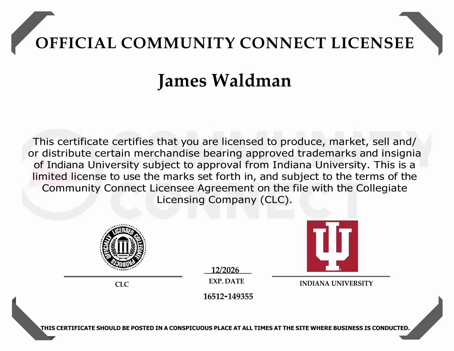 Official Community Connect license certificate authorizing the production and sale of approved Indiana University branded merchandise.