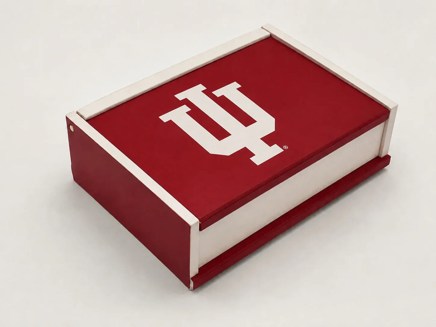 Handcrafted collegiate keepsake box featuring a white IU logo on a crimson lid.