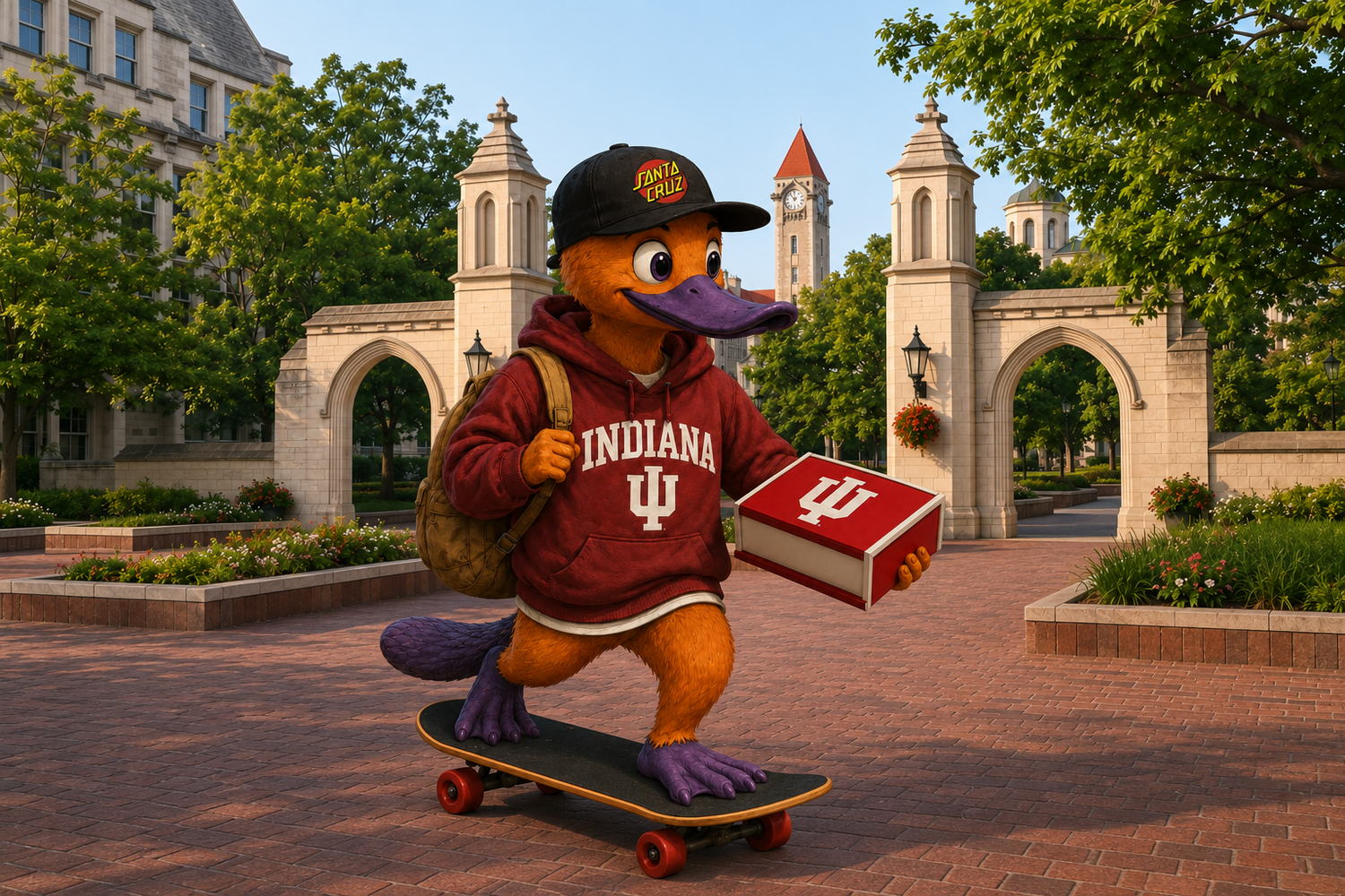 Plato the platypus skateboarding across a university campus while carrying a handcrafted collegiate keepsake box.