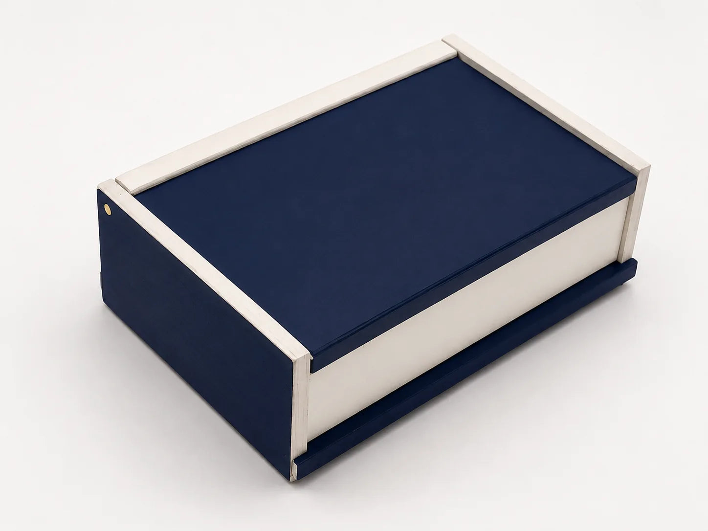 Handcrafted keepsake box in blue and white school colors.