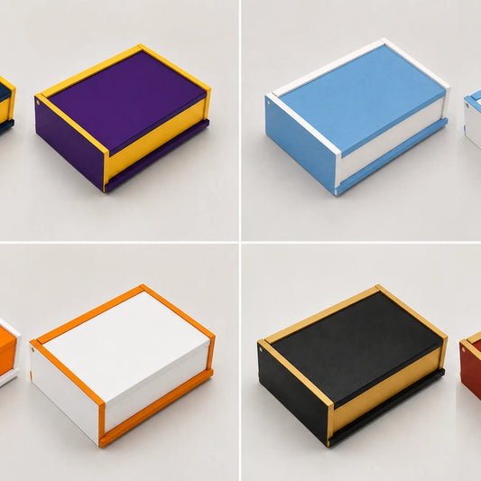 College keepsake boxes in different school color combinations on a light background.